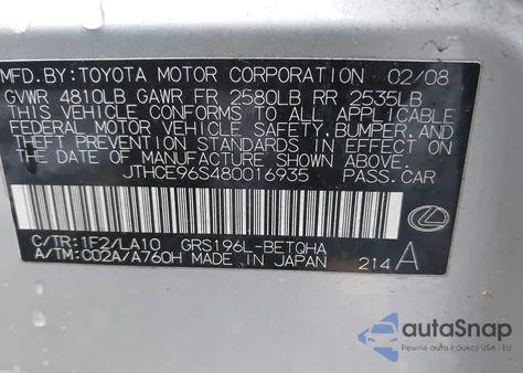 2008 Lexus Gs 350 из США, поврежденный, VIN JTHCE96S480016935